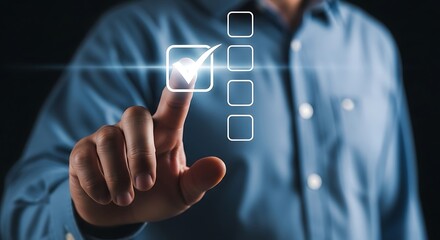Man selecting a check box on a digital checklist with his index finger