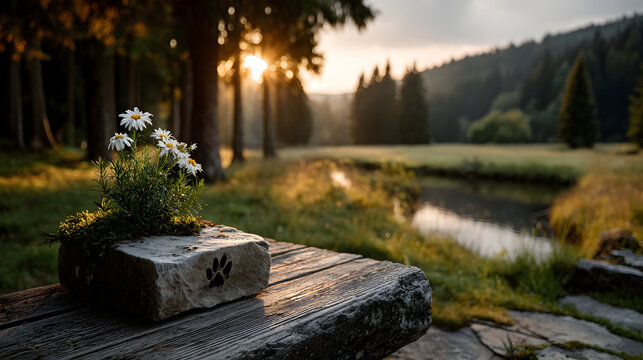 Charming daisies bloom beside a paw print stone on a weathered bench at dawn, perfect for pet lovers and nature enthusiasts seeking tranquility