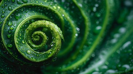 Close-up of a vibrant green succulent plant with water droplets forming a natural spiral pattern.