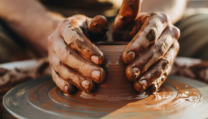 Close-up of a potter's hands shaping wet brown clay on a spinning pottery wheel.