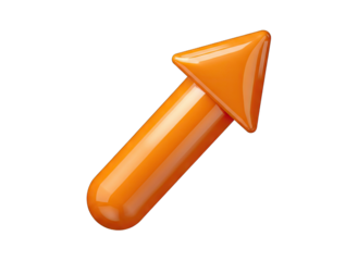 Glossy Orange Arrow Icon Pointing Upward and Forward on a Transparent Background 3D Rendered Graphic