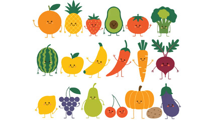 Fototapeta premium A delightful cartoon illustration featuring twenty charming anthropomorphic fruits and vegetables arranged neatly in three distinct rows on a clean white background
