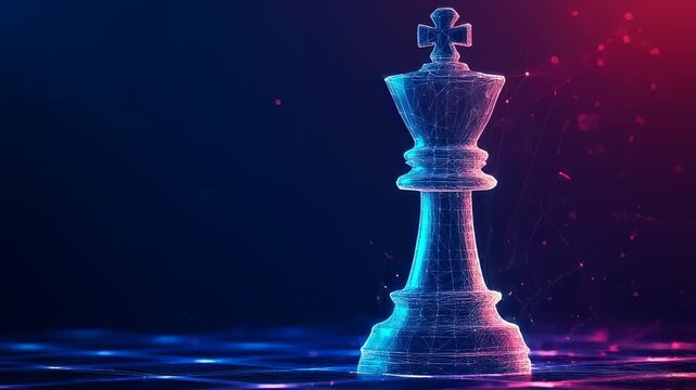 Digital chess king piece animation with neon lights effect and futuristic design strategy