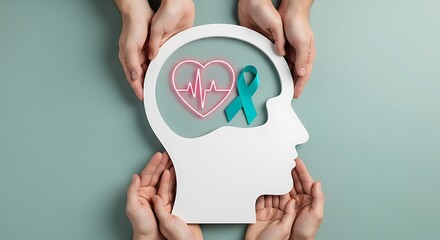 Hands holding a head cutout with heart and teal ribbon for mental health