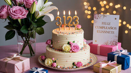 Illustration of twotier birthday cake with lit candles number 3123 and flowers