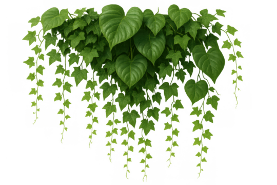 Green ivy vines and heart-shaped philodendron leaves cascading downward, fresh foliage on transparent background