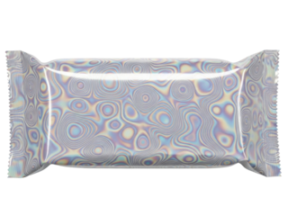 Glossy wrapper featuring fluid reflective patterns white background