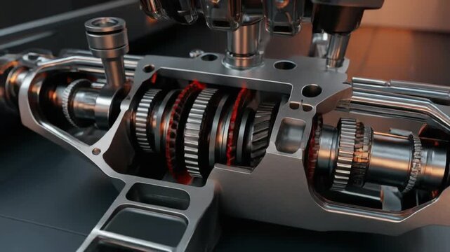 Exploded-view animation of a manual transmission assembly forming itself in mid-air, camera performing a slow 360-degree rotation, detailed engineering textures, futuristic cinematic mood
