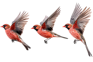 Three vibrant red birds captured in dynamic flight mid motion