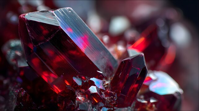 Close-up of a vibrant red crystal formation with shimmering facets and deep hues.