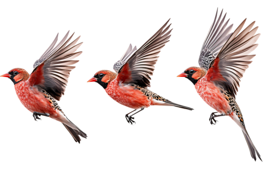 Three vibrant red birds captured in dynamic flight mid motion