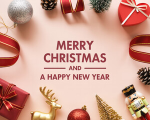 Illustration of merry christmas and happy new year greeting with festive decoration