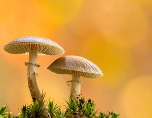 Two wild mushrooms growing in moss against a blurred background.
