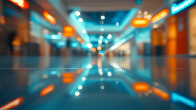 Captivating blurred view of shopping mall interior with vibrant reflections, creating modern