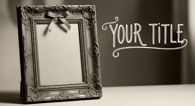 Vintage ornate picture frame with ribbon bow and Your Title text on dark background, retro greeting card mockup template with editable text space