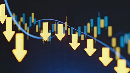 Financial crisis and market collapse concept, featuring a bearish candlestick chart with falling yellow arrows symbolizing an economic recession