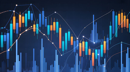 Stock market financial data analysis background with colorful candlestick charts and graphs