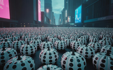 Illustration of field of dalmatian print pumpkins in a futuristic city setting