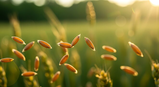 Golden Field's Whisper: Seeds Aloft in Sunlit Breeze