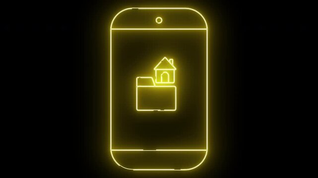 A neon yellow phone outline on a black background displays a folder icon topped with a house