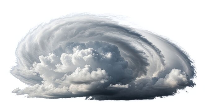Massive swirling storm cloud formation, resembling a hurricane or cyclone, showcasing intense weather, isolated on white background
