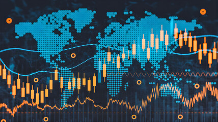 Global financial markets data visualization with world map overlay and stock market candlestick charts
