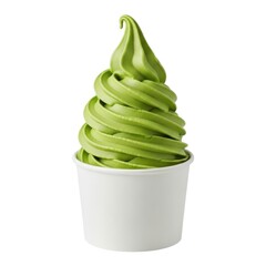 A delicious green matcha soft serve ice cream in a white cup isolated on white background