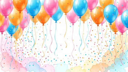 Colorful balloons with confetti and streamers floating against clouds
