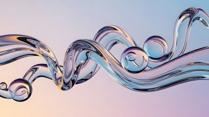 Abstract 3D Render of Flowing Clear Glass or Liquid Shapes with Curving Lines and Sphere Accents, Reflecting Vibrant Holographic Gradient Colors