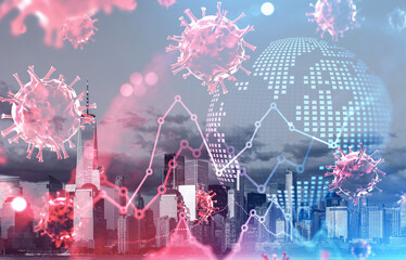 Virus particles and data graphs over modern city skyline with digital globe, in a creative style on cloudy background, concept of economic health crisis