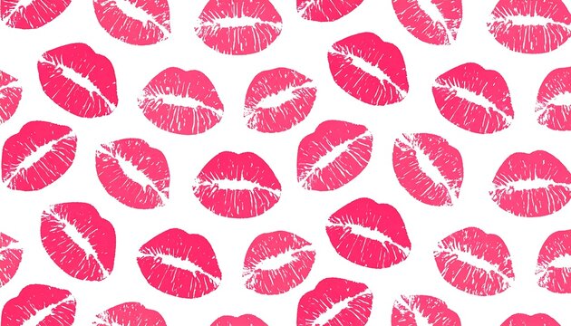 A pattern of vibrant pink lip imprints, scattered across a stark white backdrop, creating a playful, kiss-themed aesthetic - Powered by Adobe