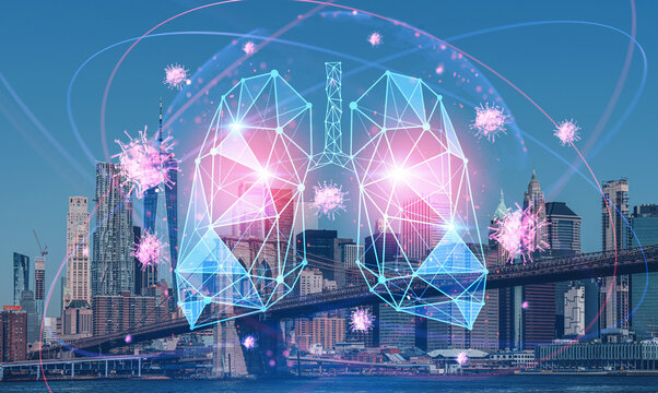 Digital concept of human lungs and virus particles in glowing style over Manhattan skyline in NYC, representing healthcare and respiratory pandemic