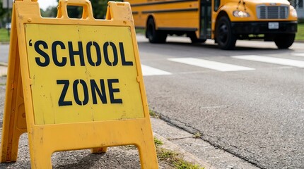 A yellow sign displaying ‘School Zone’ beside a road, with a blurred yellow school bus