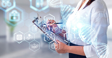 Female doctor writing data on clipboard with futuristic medical icons and DNA strand overlay on a bright blurred hospital background, concept of healthcare innovation