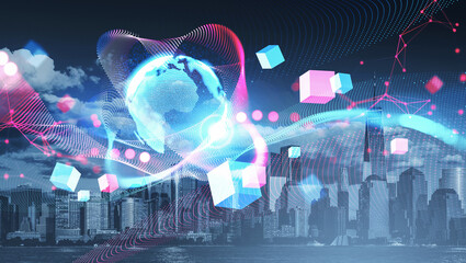 Futuristic globe and cubes over Manhattan skyline, digital style on city background, concept of global data, NYC innovation and creative technology