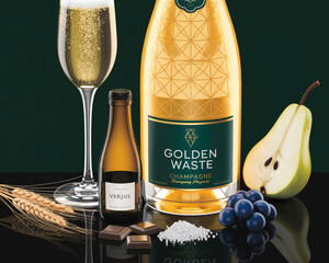 Illustration of golden waste champagne bottle with pear, grape, and wheat garnish