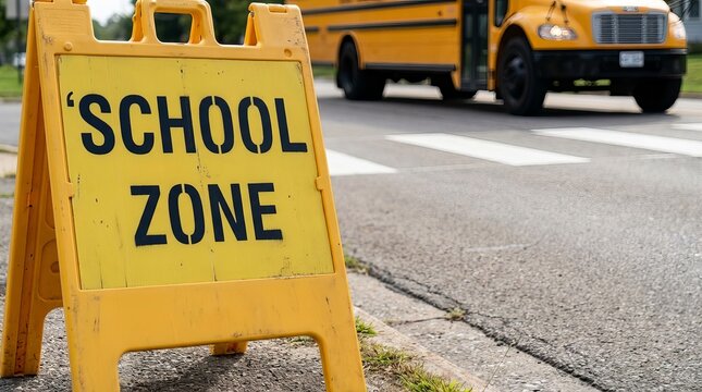 A yellow sign displaying ‘School Zone’ beside a road, with a blurred yellow school bus