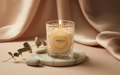 Illustration of a lit scented candle in a decorative glass jar on marble