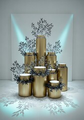 Elegant golden pedestals adorned with botanical elements, a stage set design