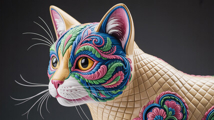 Illustration of closeup of a decorative cat sculpture with colorful patterned face