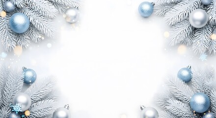 Winter Christmas background with frosted silver pine branches and blue ornaments in corners creating elegant holiday frame