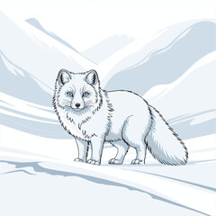 Arctic fox standing in a snowy landscape with stylized mountains animal wildlife