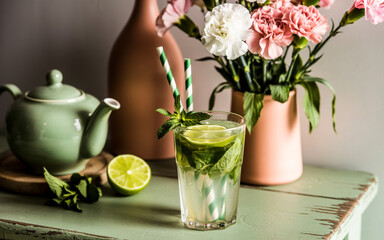 Illustration of refreshing mojito cocktail with mint and lime on a rustic table