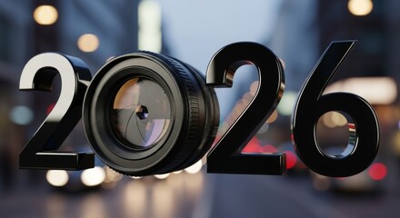 and Future Concept - 2026 symbolized by a camera lens, representing and the future. Black numbers against a blurred city background