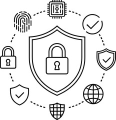 Digital security icons arranged in a circle around a central shield data protection