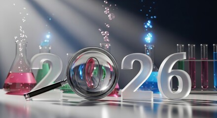 Fototapeta premium Science Research in Year 2026 - Laboratory glassware with colorful liquid and numbers 2026, concept for scientific research forecast