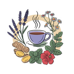 Steaming cup of herbal tea surrounded by lavender ginger chamomile and hibiscus vector