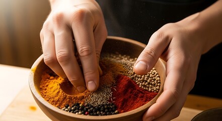 Expert hands blending aromatic spices for culinary creativity and cooking