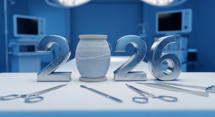 Surgical Advancements in 2026 - A 3D render depicting the year 2026 in a surgical setting, symbolizing medical progress, innovation, healing, precision, and future healthcare solutions