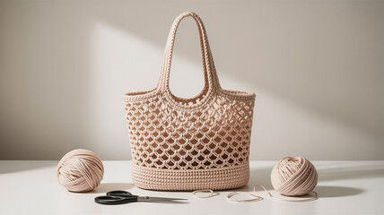 Illustration of handmade beige woven straw tote bag with yarn balls and scissors